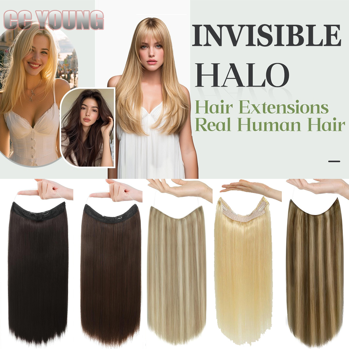 Seamless Clip In Hair Extensions Human Hair - 보이지 않는 헤일로 헤어 익스텐션, 진짜