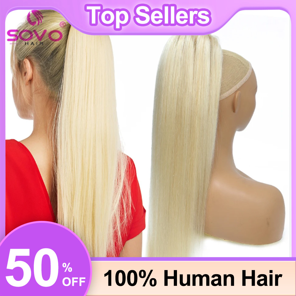 Seamless Clip In Hair Extensions Human Hair - SOVO Drawstring 포니 테일 인간의 머리카락