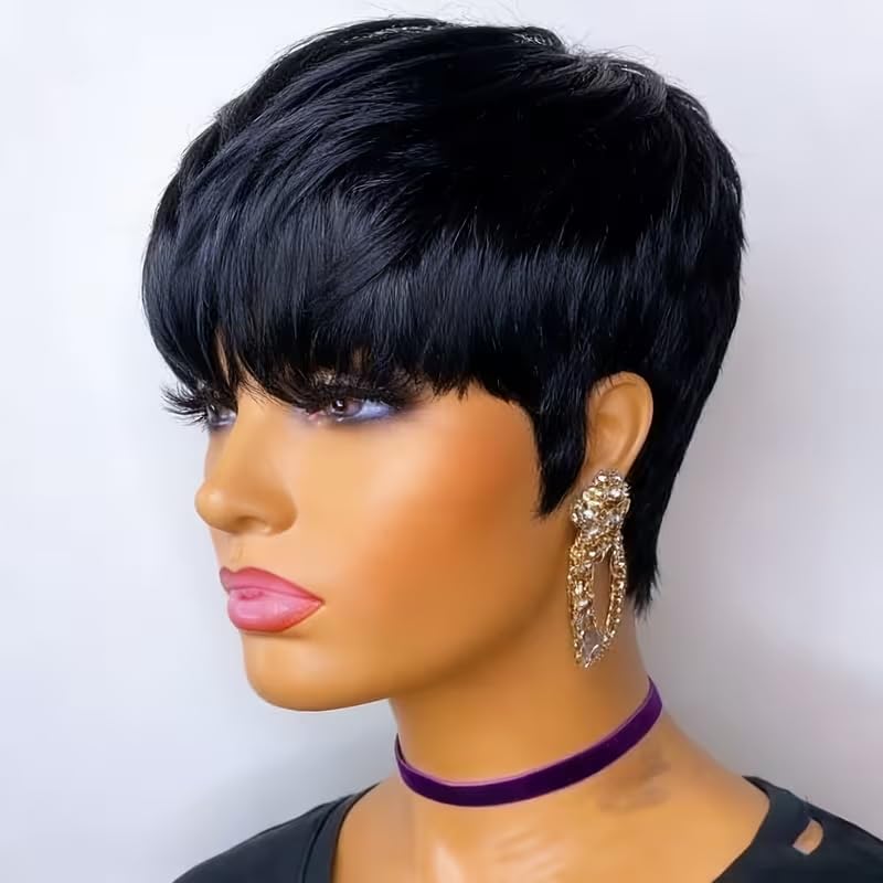 Short Pixie Cut Wig Human Hair Cheap - 여성용 짧은 픽시컷 인모 가발, 앞머리