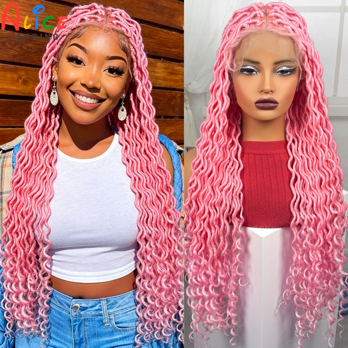 Synthetic Braided Wigs For Black Women - 핑크 컬러 풀 레이스 브레이드 가발,