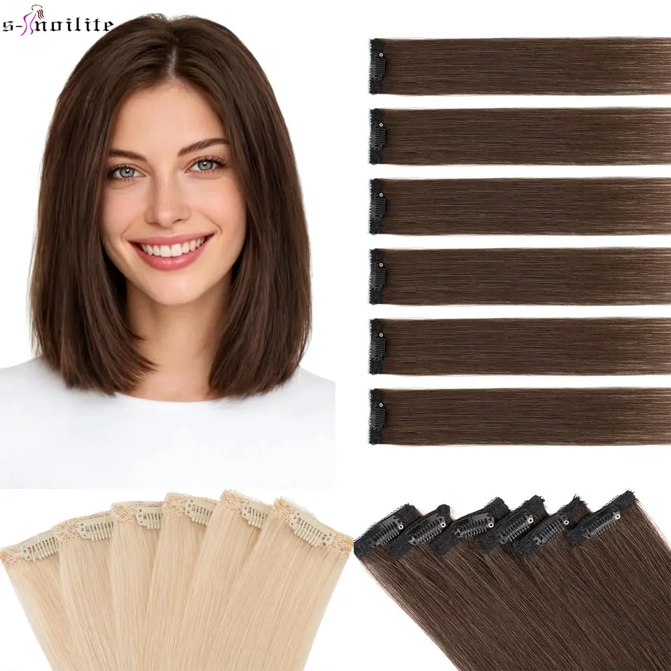 Seamless Clip In Hair Extensions Human Hair - 클립형 붙임머리, 심리스 스트레이트, 6피스 세트,