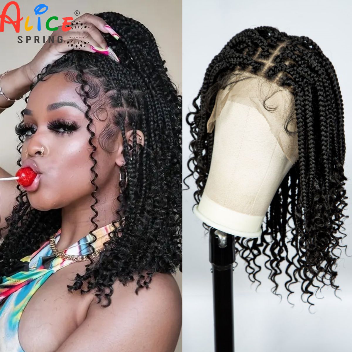 매듭이 없는 상자 땋은 가발 곱슬 끝 합성 전체 레이스 - Synthetic Braided Wigs For Black Women 리뷰 및 가격