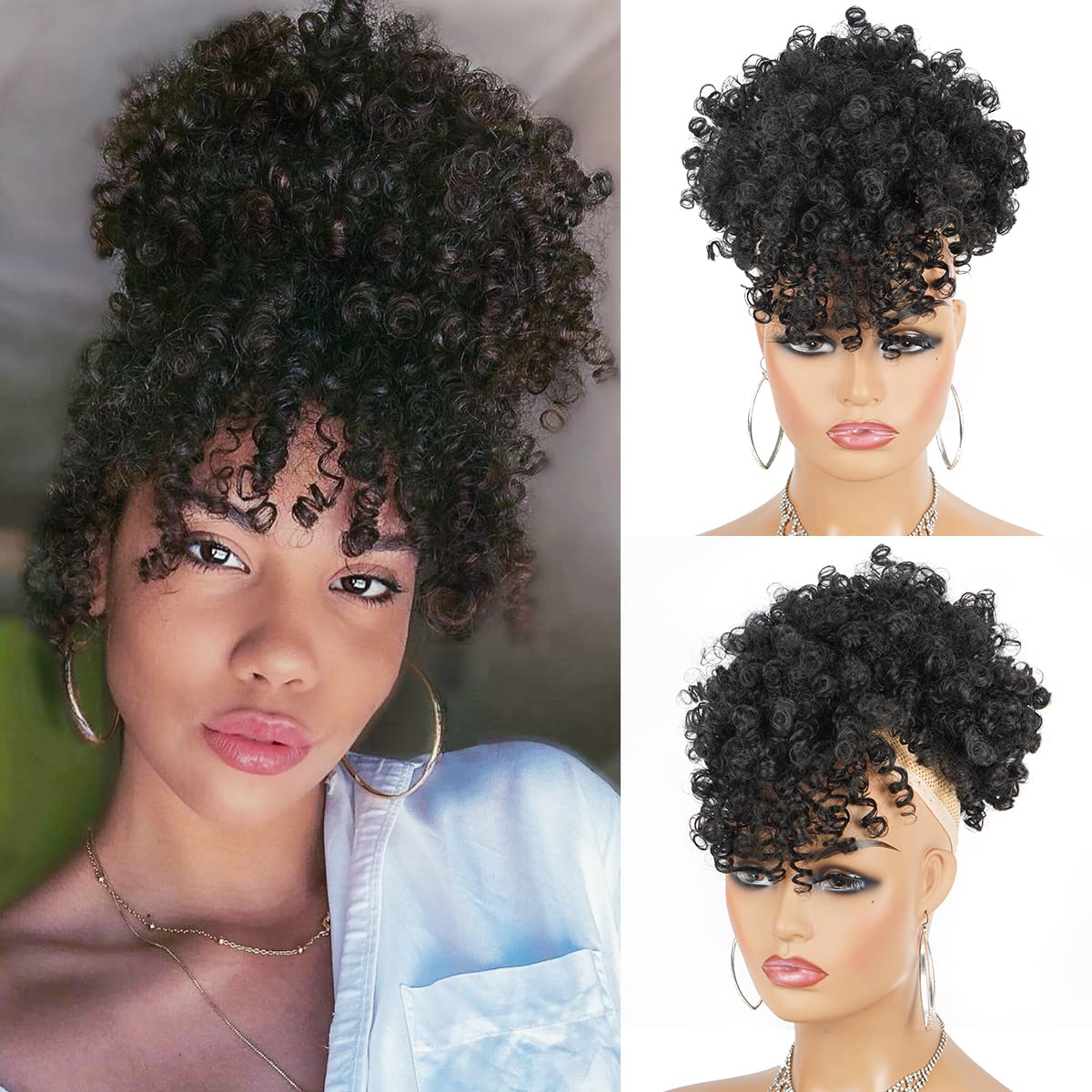 흑인 여성용 아프로 퍼프 합성 드로스트링 포니테일, 앞 - Drawstring Afro Curly Puff Ponytail 리뷰 및 가격