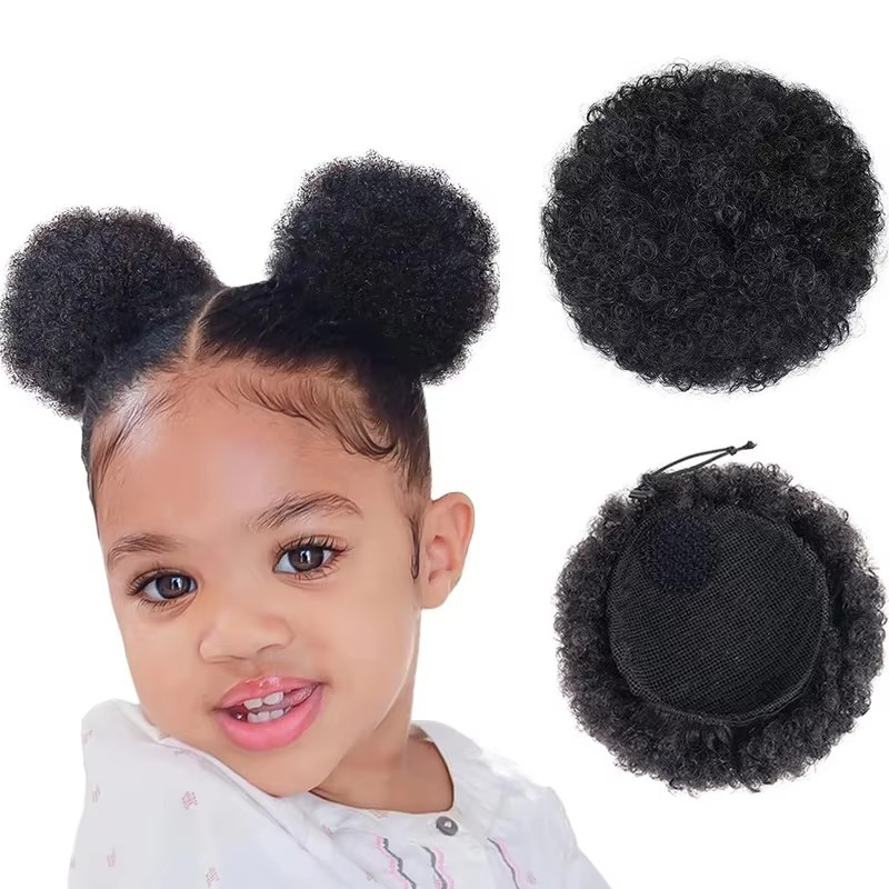 1개/팩 어린이 헤어 퍼프 천연 블랙 인모 아프로 퍼프 - Drawstring Afro Curly Puff Ponytail 리뷰 및 가격